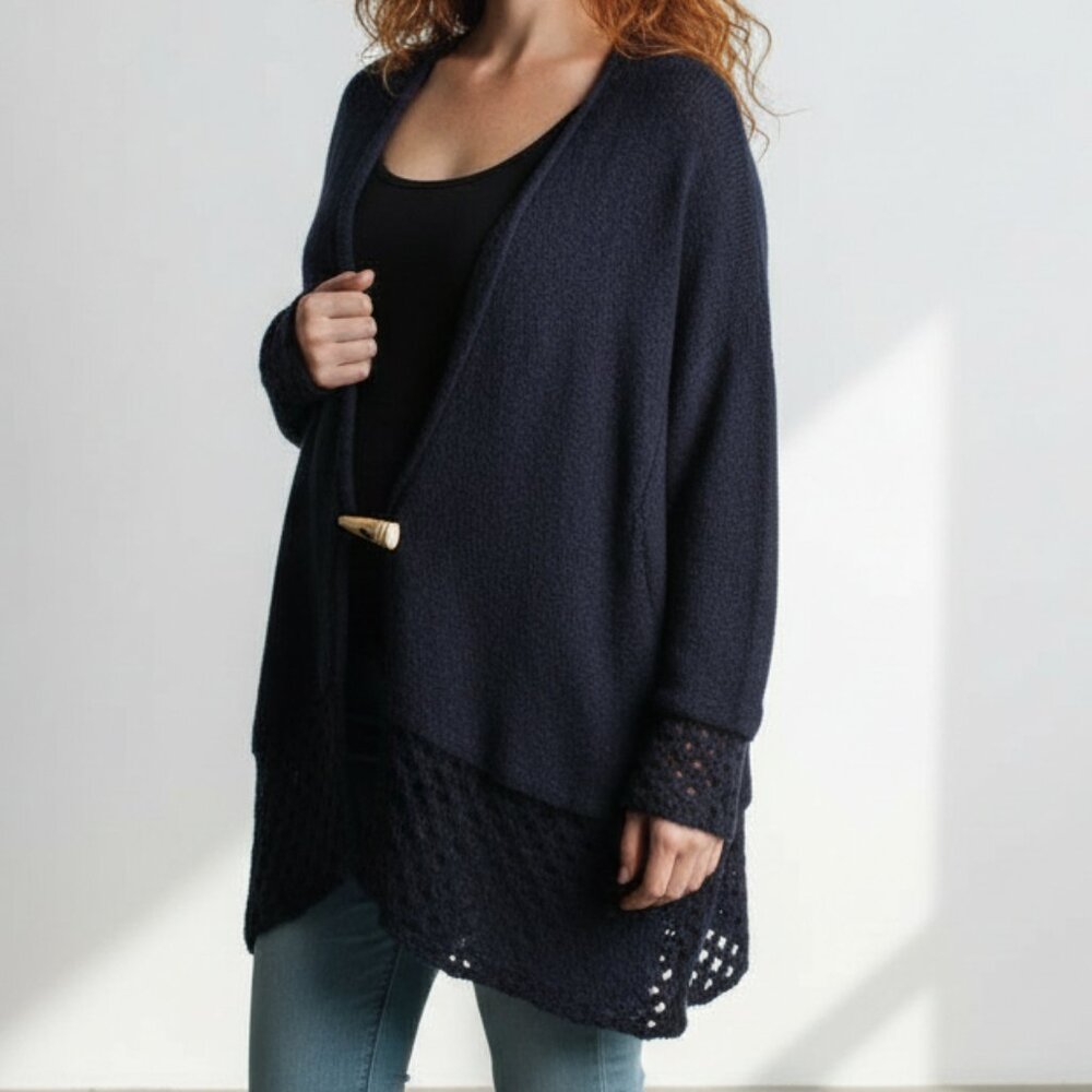 Jaskar Thin Knit Mesh Trim Black Cardigan Large